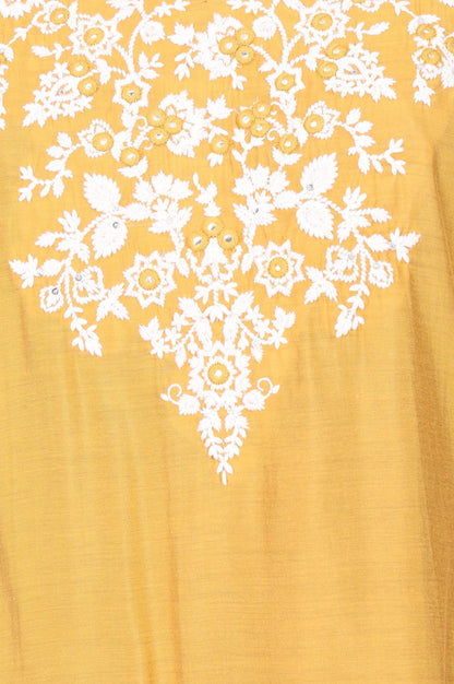 Yellow Embroidered Chanderi Straight Kurta