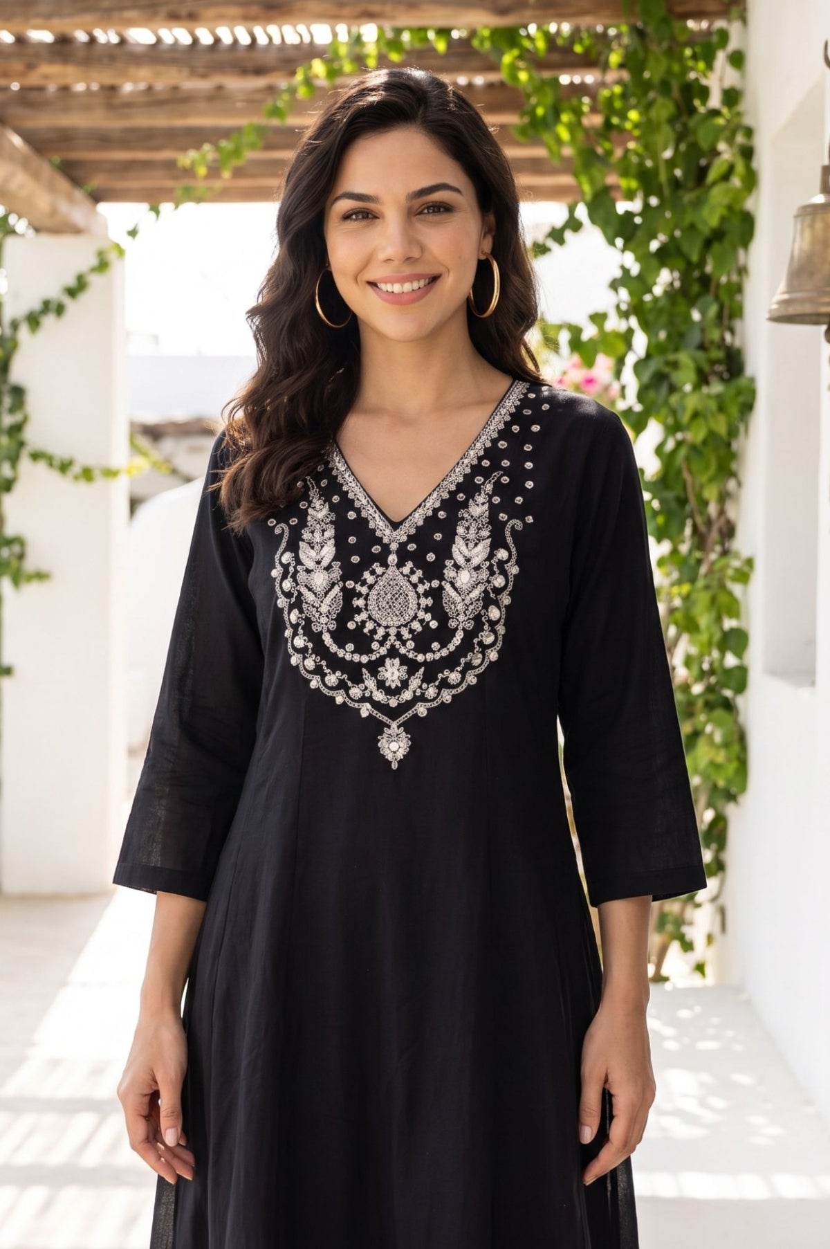 Black Embroidered Chanderi Flared Kurta