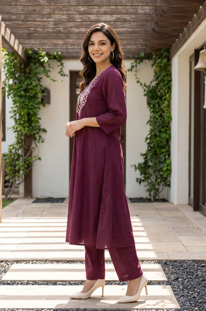 Purple Sequins Chanderi Flared Kurta