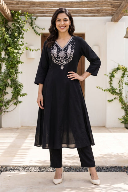 Black Embroidered Chanderi Flared Kurta