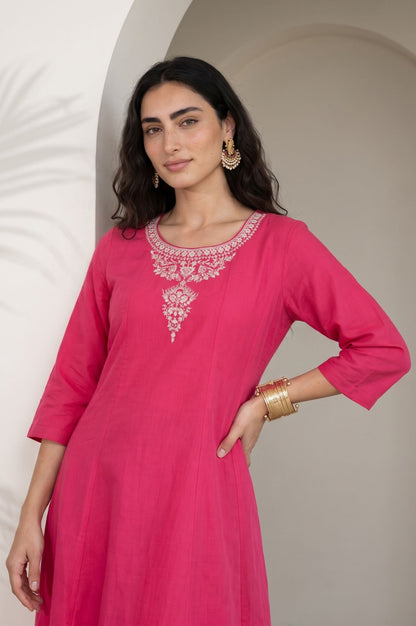 Pink Embroidered Chanderi Flared Kurta