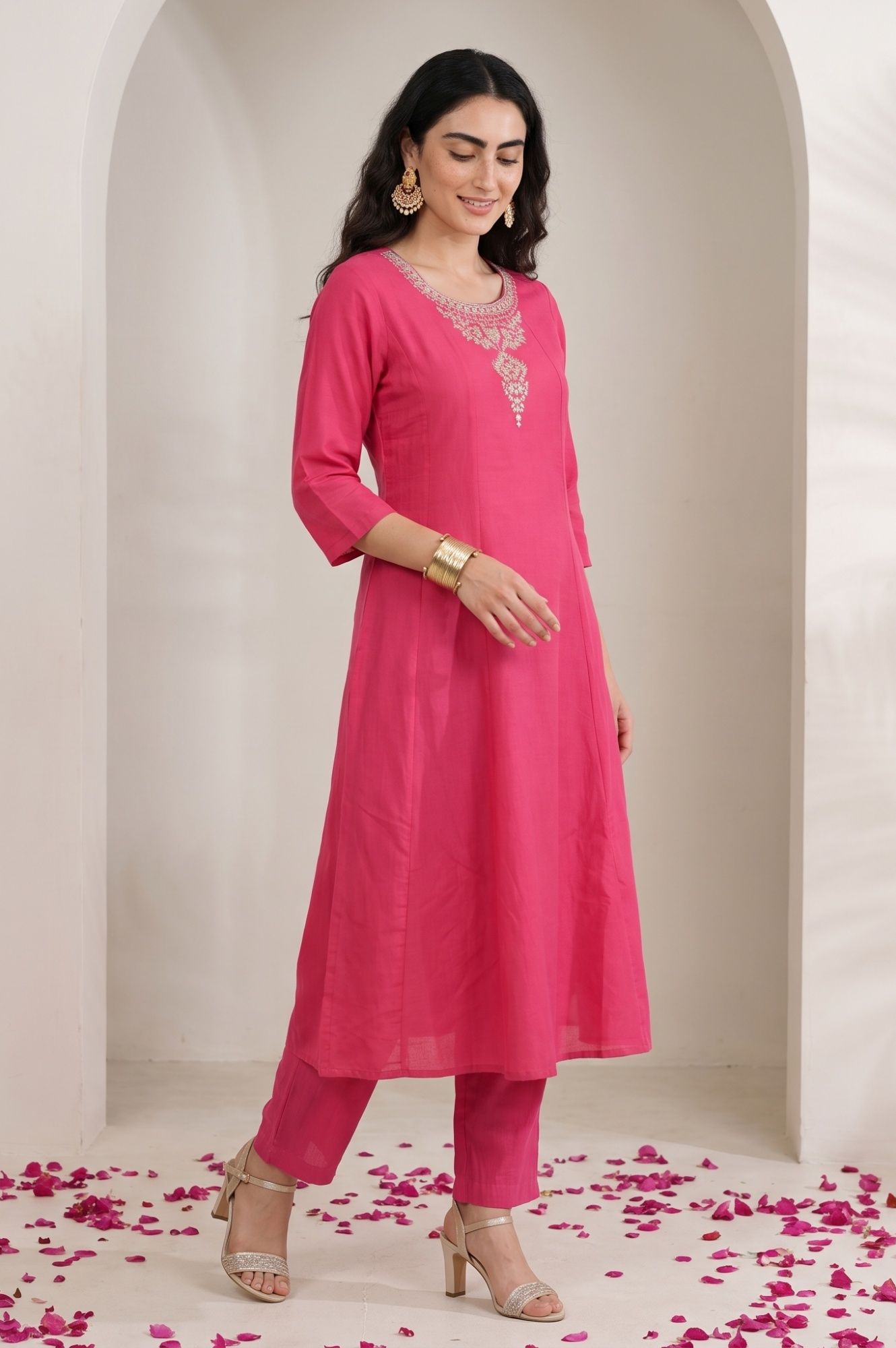 Pink Embroidered Chanderi Flared Kurta