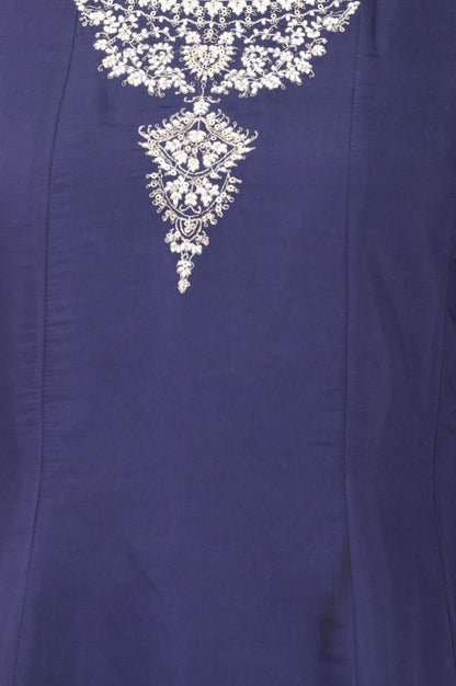 Navy Blue Embroidered Chanderi Flared Kurta