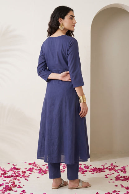 Navy Blue Embroidered Chanderi Flared Kurta