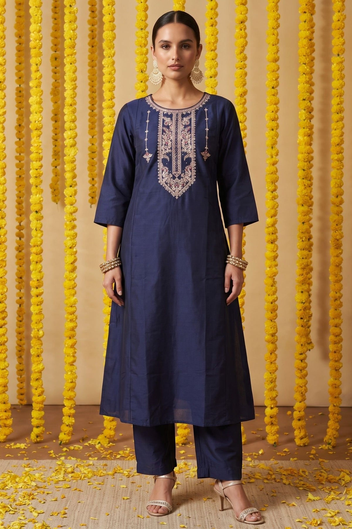 Navy Blue Embroidered Straight Kurta