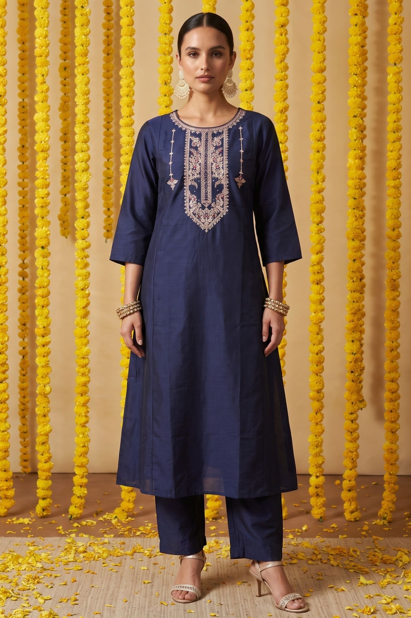 Navy Blue Embroidered Straight Kurta