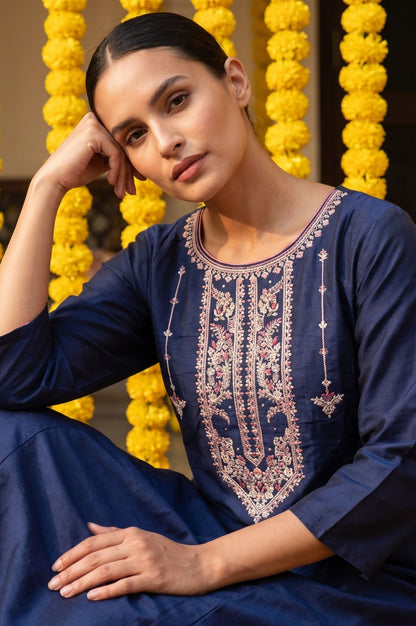 Navy Blue Embroidered Straight Kurta