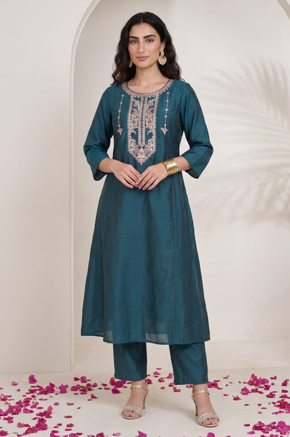 Teal Embroidered Flared Kurta