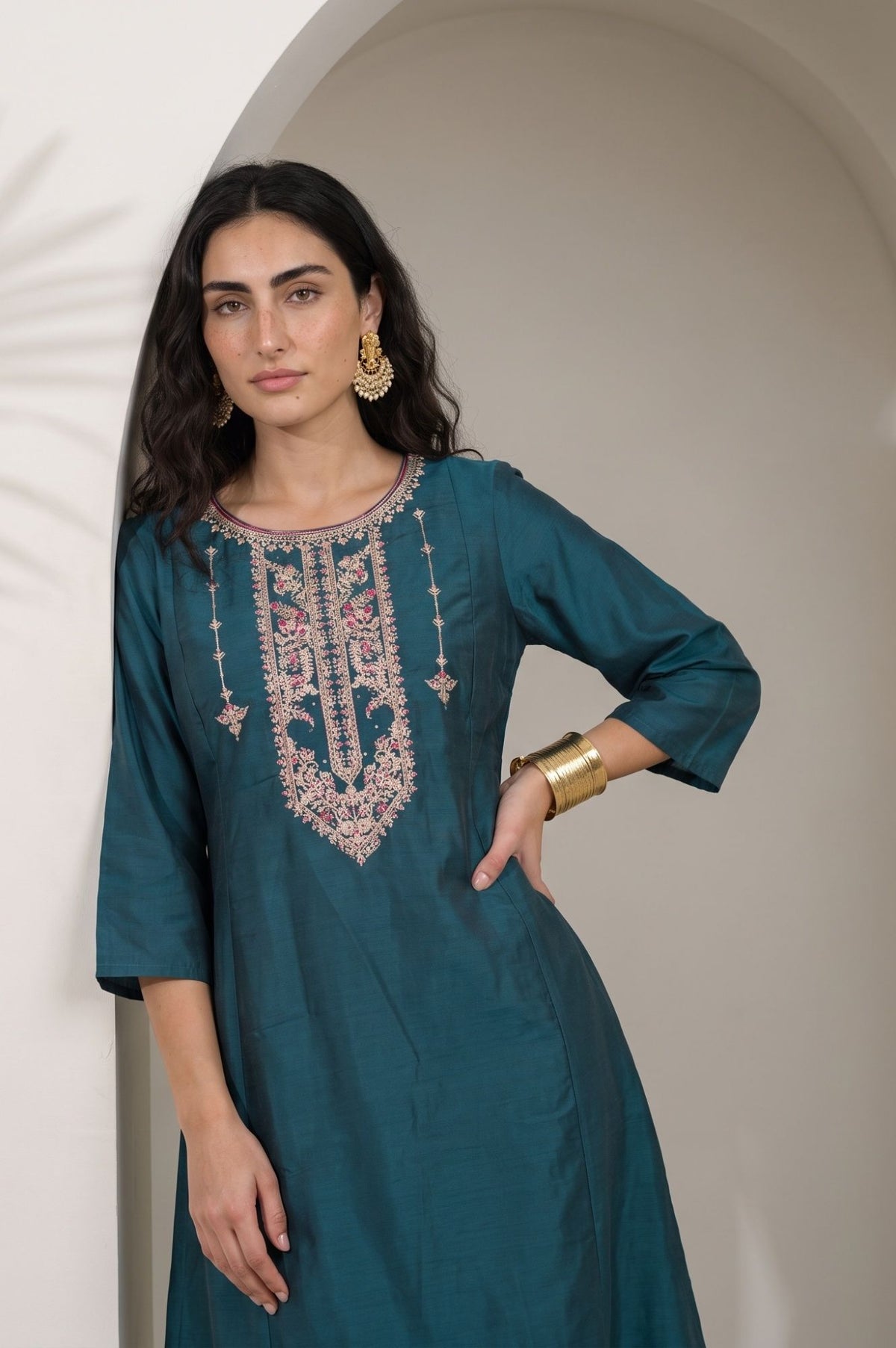 Teal Embroidered Flared Kurta