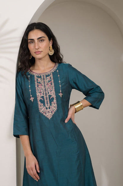 Teal Embroidered Flared Kurta