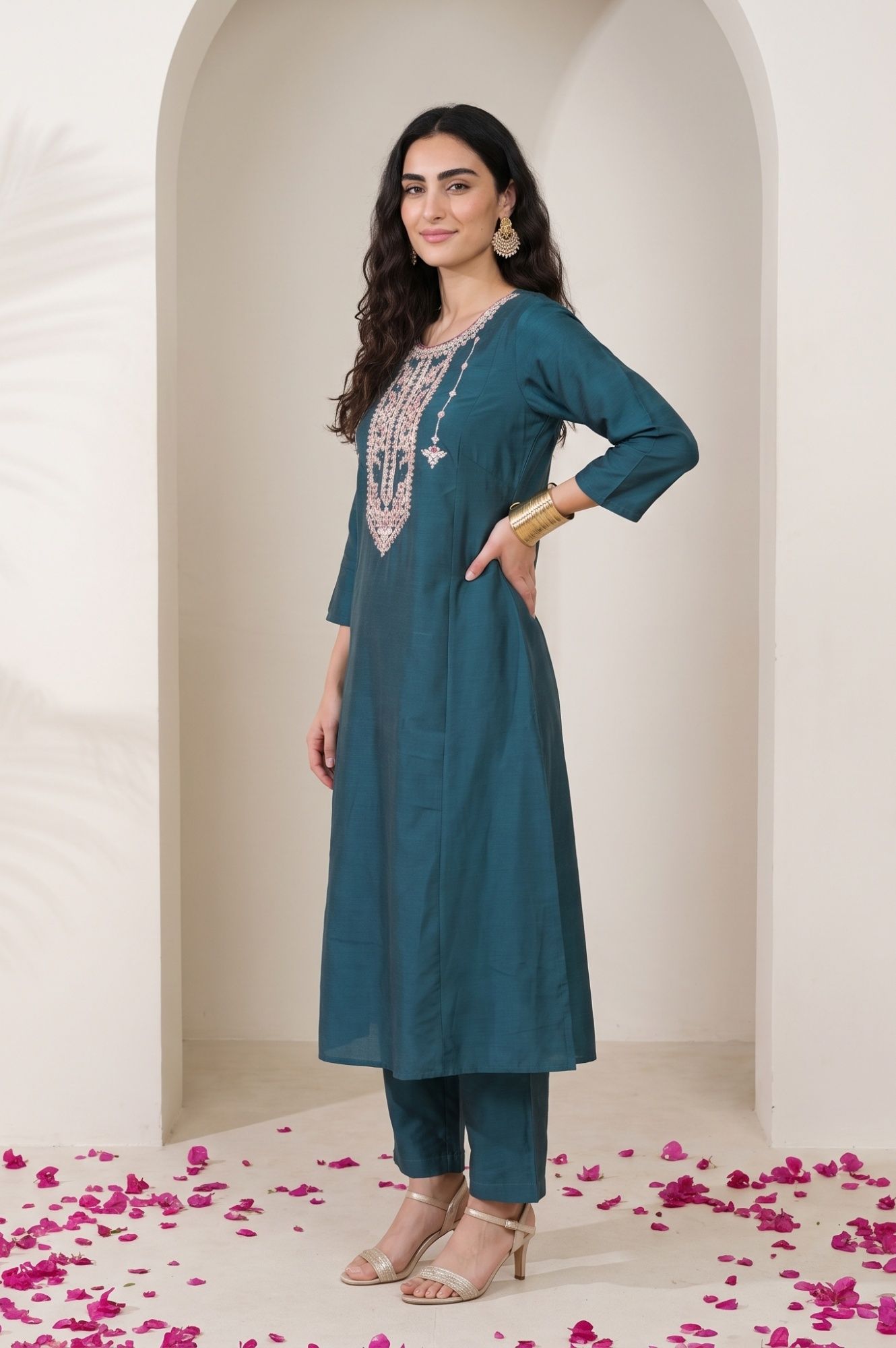 Teal Embroidered Flared Kurta