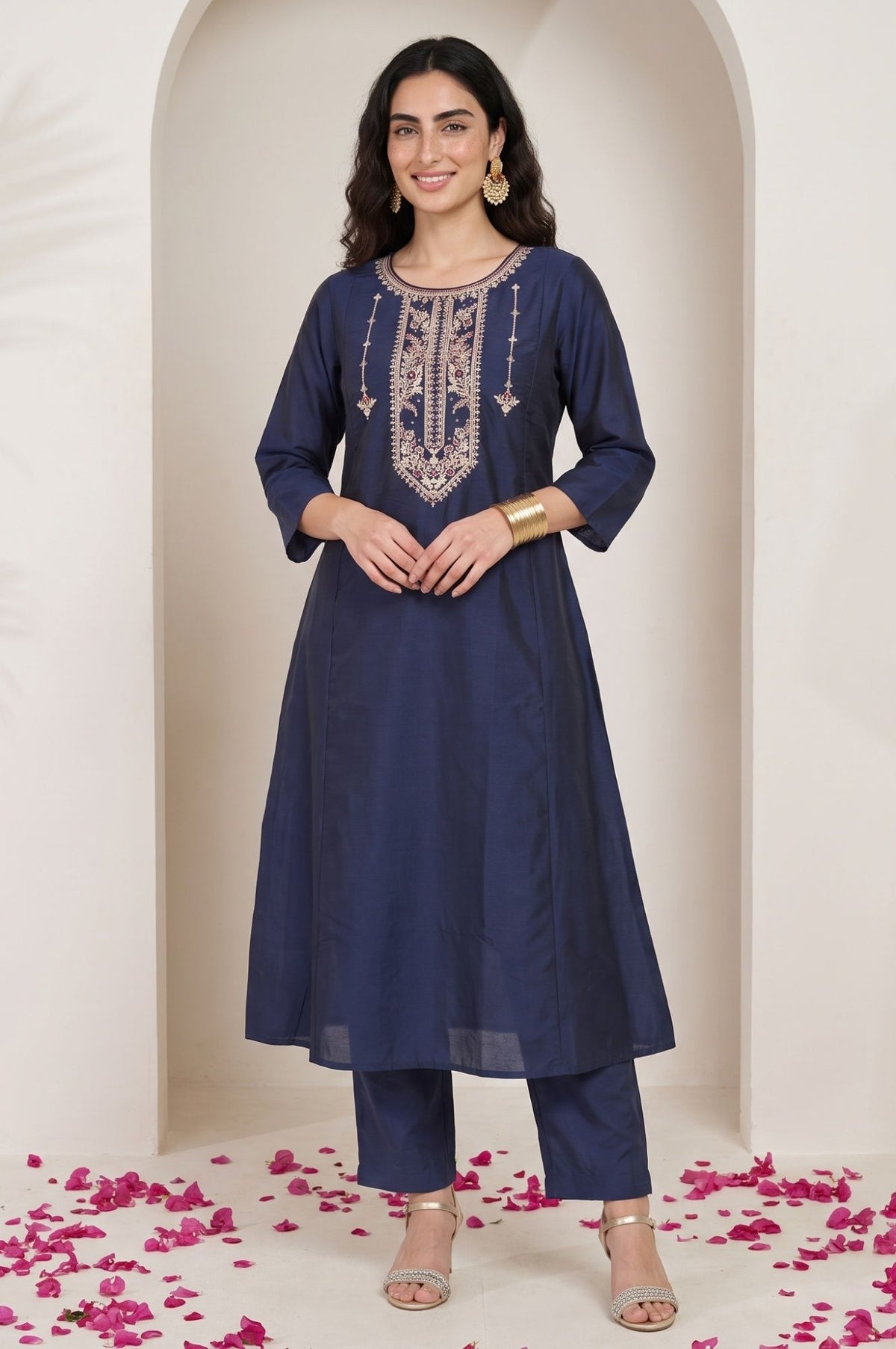 Navy Blue Embroidered Flared Kurta