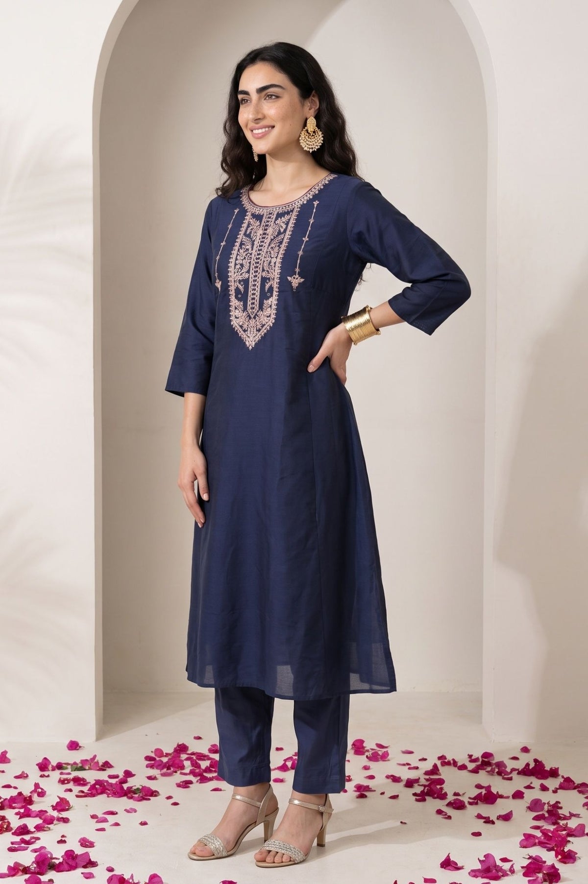 Navy Blue Embroidered Flared Kurta