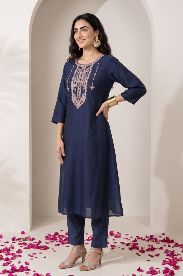 Navy Blue Embroidered Flared Kurta