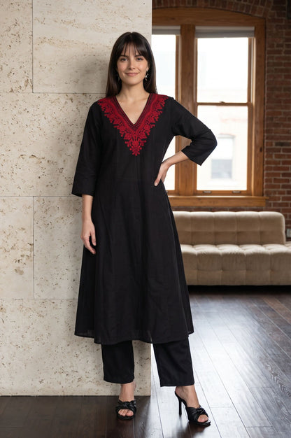 Black Embroidered Pure Cotton A-line Kurta