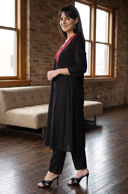 Black Embroidered Pure Cotton A-line Kurta