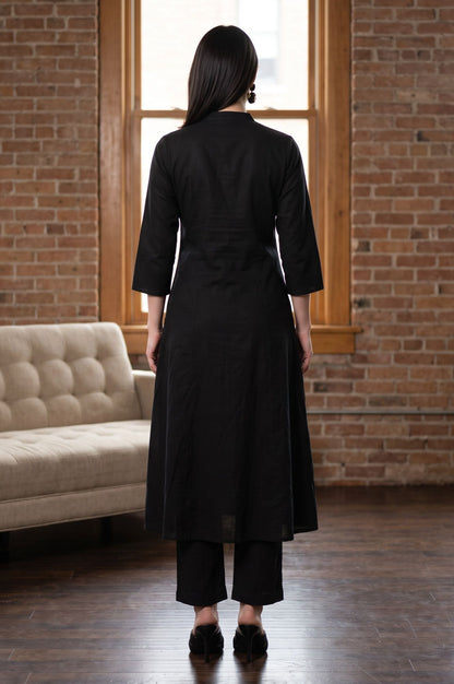 Black Embroidered Pure Cotton A-line Kurta