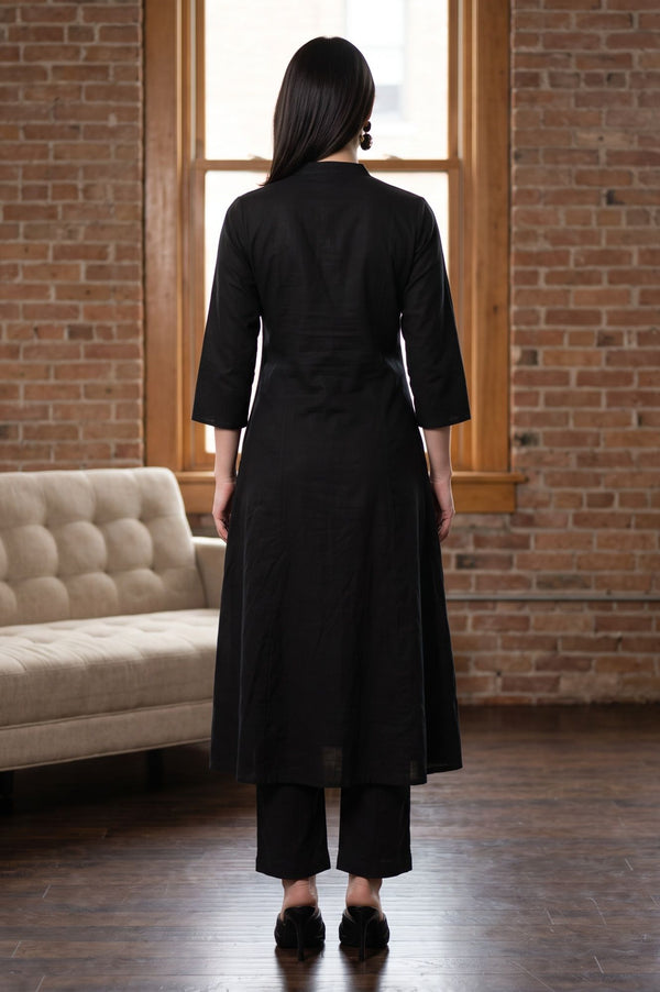 Black Embroidered Pure Cotton A-line Kurta