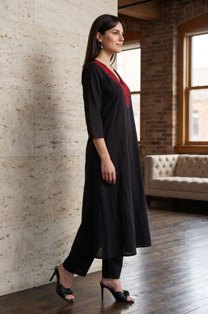 Black Embroidered Pure Cotton A-line Kurta