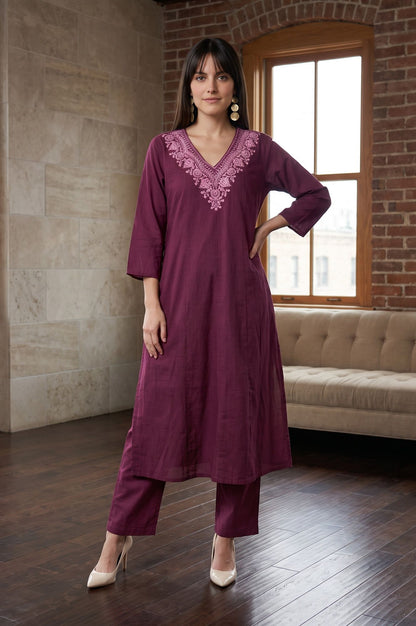 Purple Embroidered Pure Cotton A-line Kurta