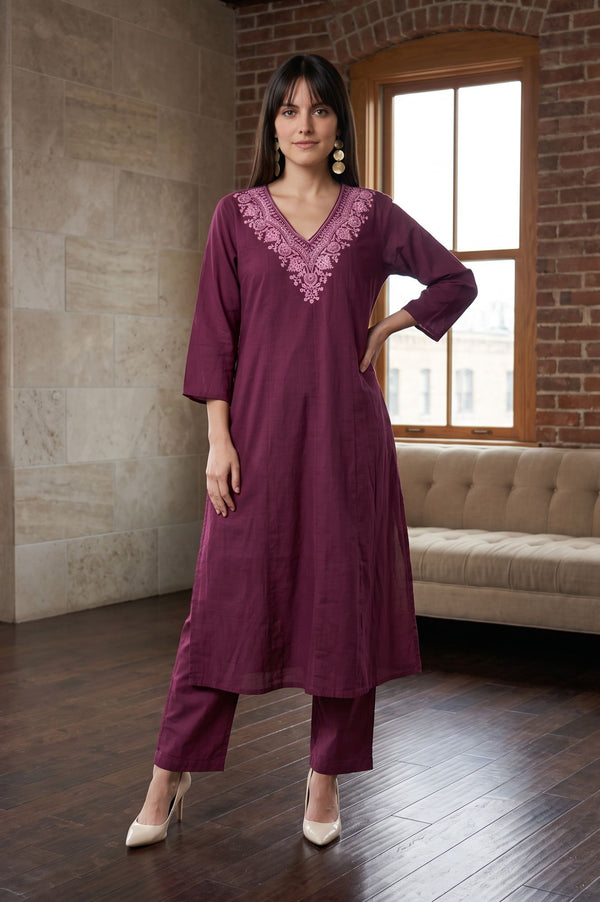 Purple Embroidered Pure Cotton A-line Kurta