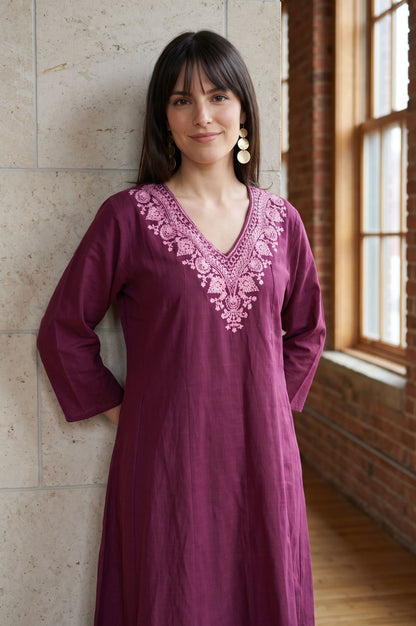 Purple Embroidered Pure Cotton A-line Kurta