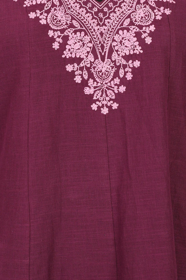 Purple Embroidered Pure Cotton A-line Kurta