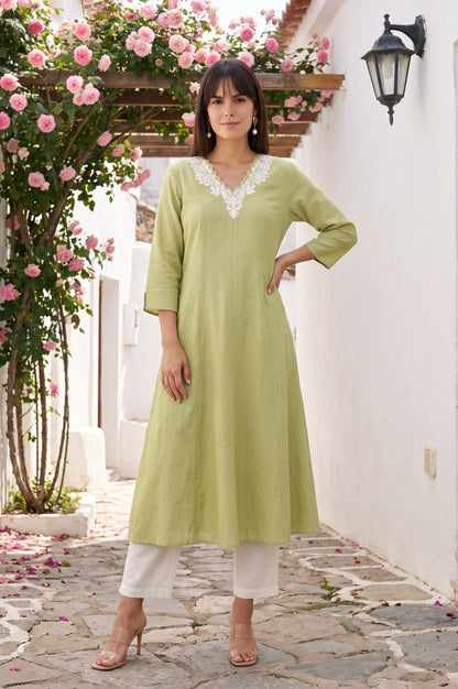 Green Embroidered Cotton Flax A-line Kurta