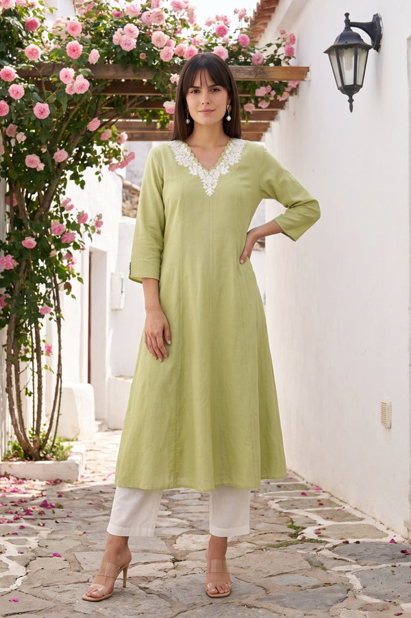 Green Embroidered Cotton Flax A-line Kurta