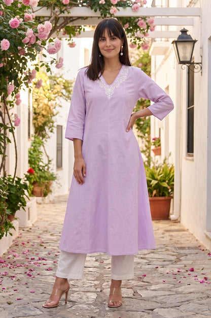 Lavender Embroidered Cotton Flax A-line Kurta