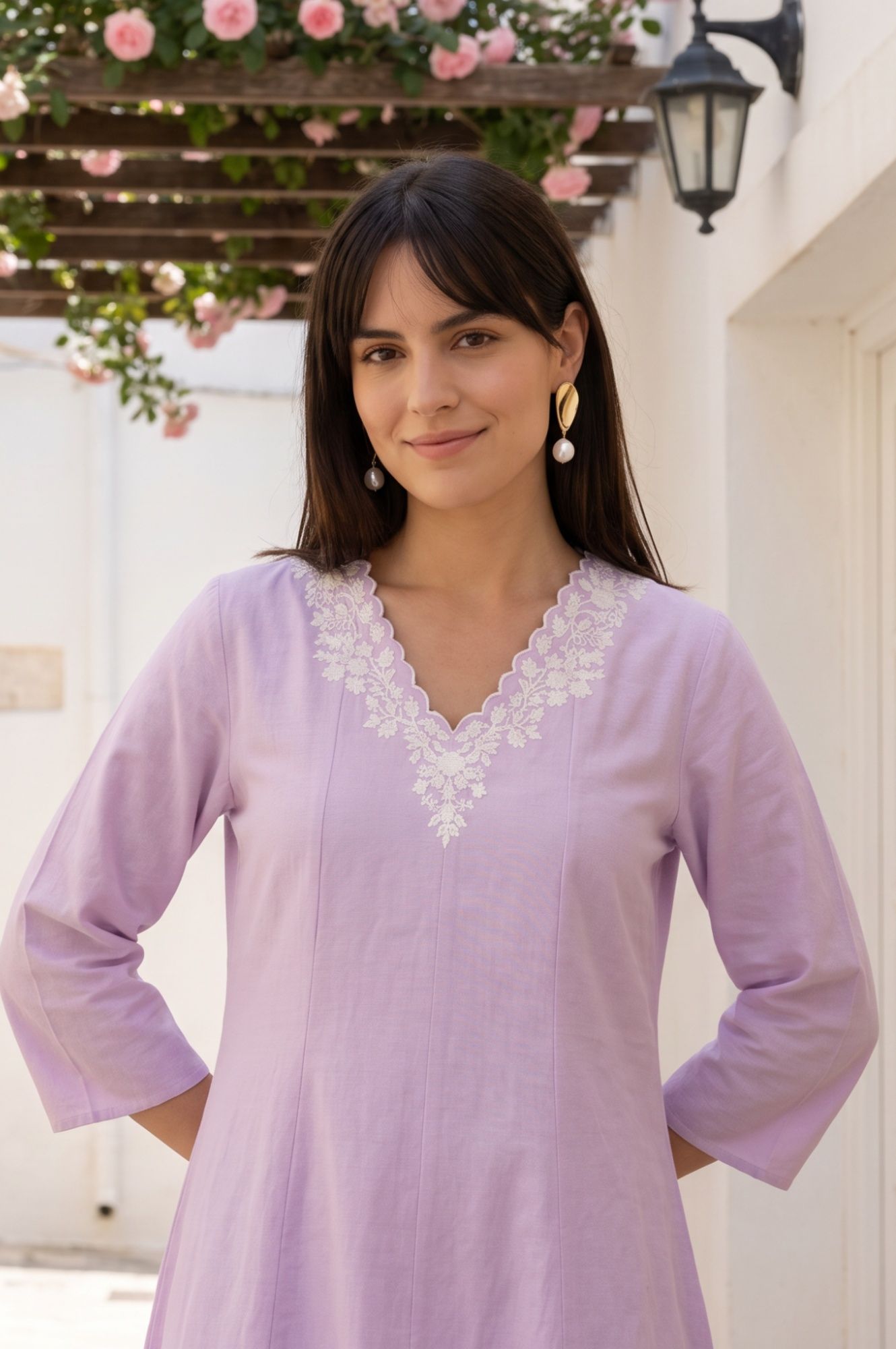 Lavender Embroidered Cotton Flax A-line Kurta