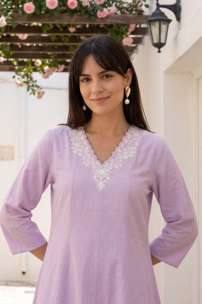 Lavender Embroidered Cotton Flax A-line Kurta