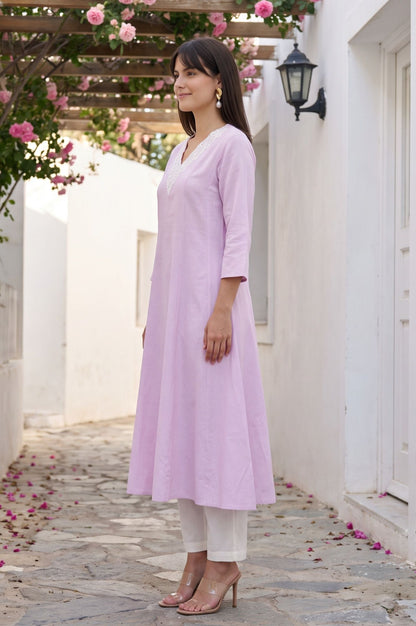 Lavender Embroidered Cotton Flax A-line Kurta