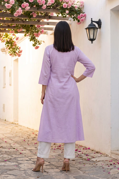 Lavender Embroidered Cotton Flax A-line Kurta