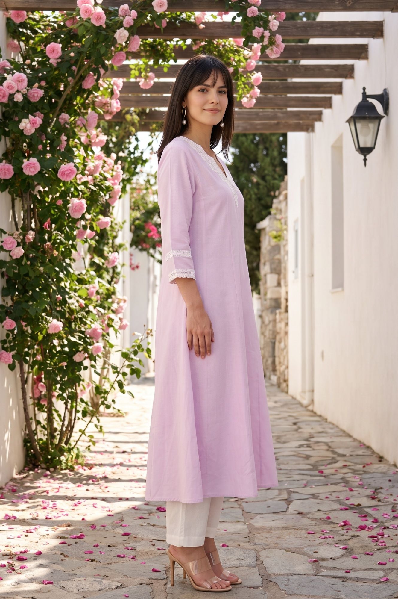 Lavender Embroidered Cotton Flax A-line Kurta