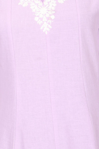 Lavender Embroidered Cotton Flax A-line Kurta