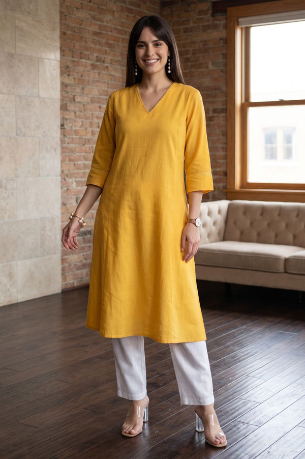 Yellow Solid Cotton Flax A-line Kurta