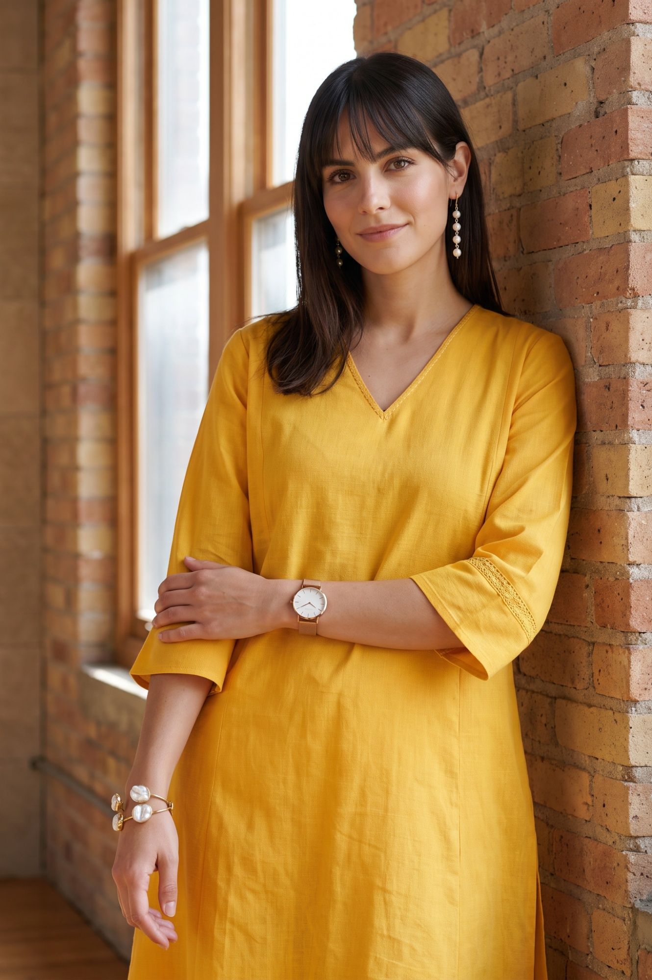 Yellow Solid Cotton Flax A-line Kurta