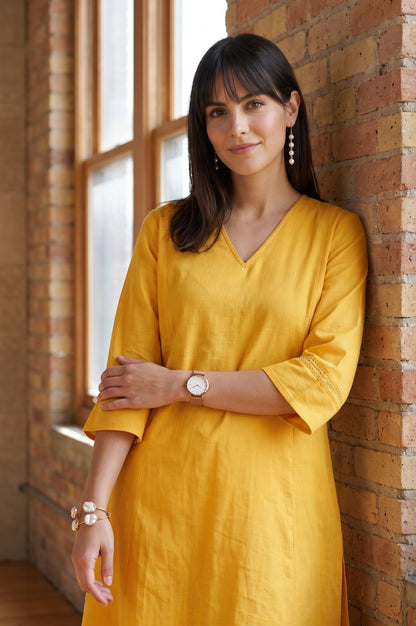 Yellow Solid Cotton Flax A-line Kurta