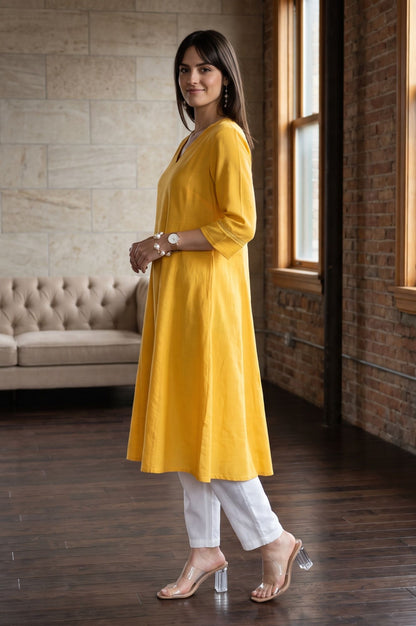 Yellow Solid Cotton Flax A-line Kurta