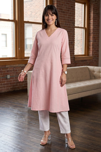 W Pink Solid Cotton Flax A-line Kurta