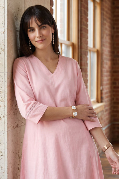W Pink Solid Cotton Flax A-line Kurta