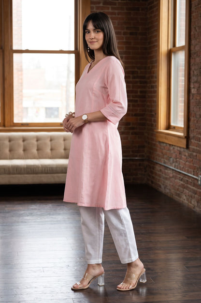 W Pink Solid Cotton Flax A-line Kurta