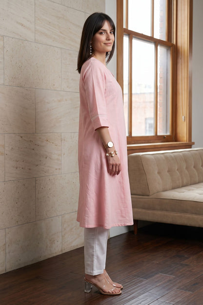 W Pink Solid Cotton Flax A-line Kurta