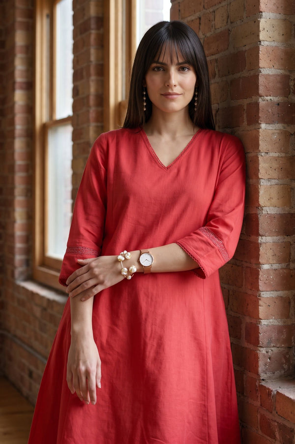 Red Solid Cotton Flax A-line Kurta