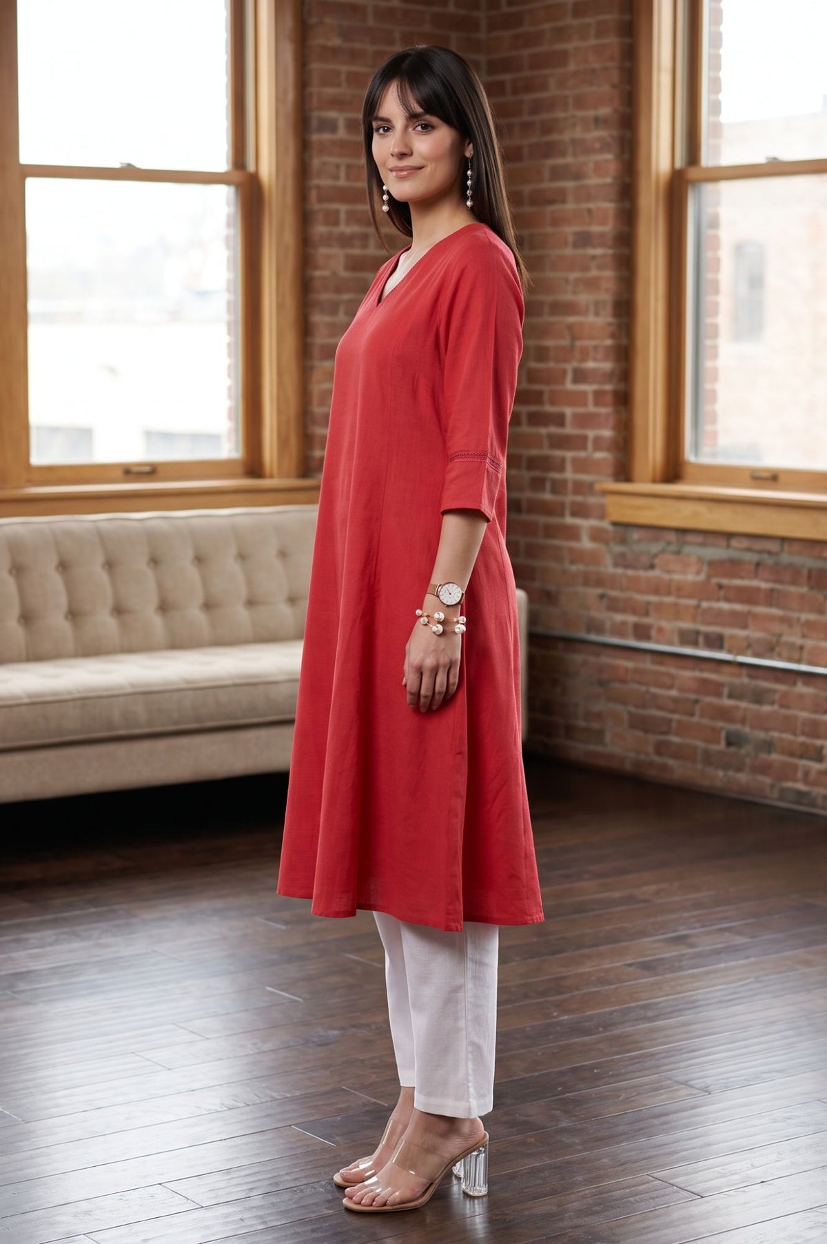 Red Solid Cotton Flax A-line Kurta