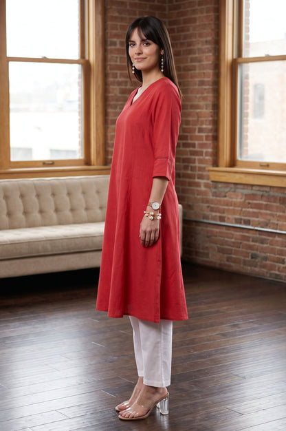 Red Solid Cotton Flax A-line Kurta
