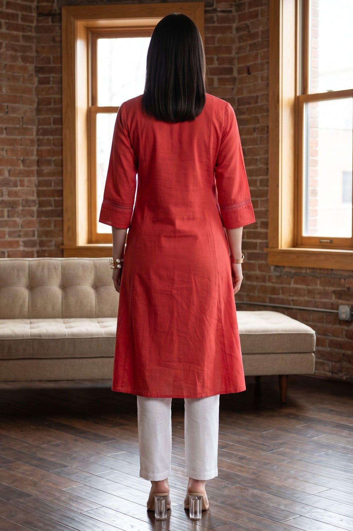 Red Solid Cotton Flax A-line Kurta