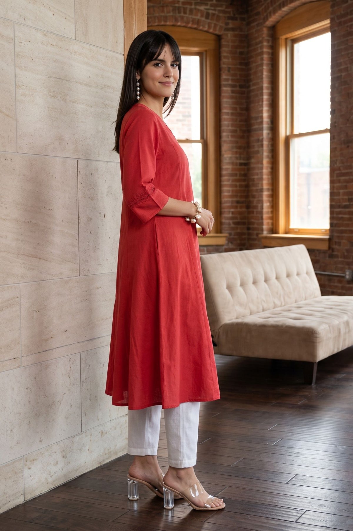 Red Solid Cotton Flax A-line Kurta