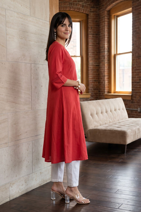 Red Solid Cotton Flax A-line Kurta